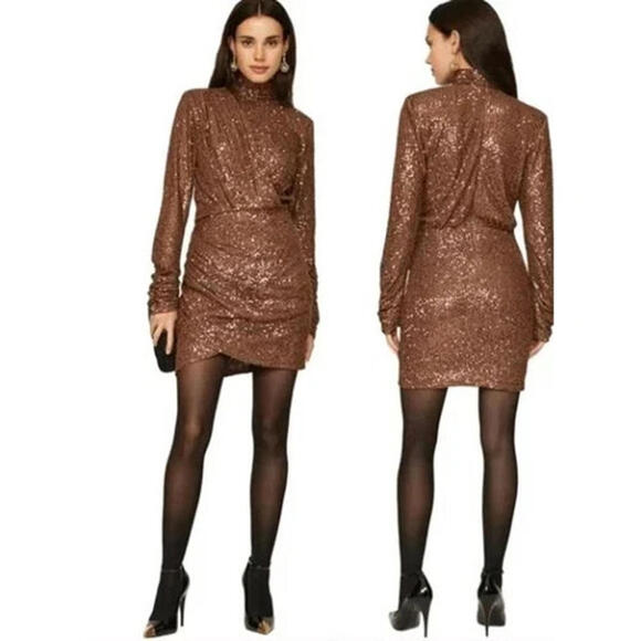 Ronny Kobo Jane Dress Sequined Knit Mock Neck Mini Dress Brown Size XL $438msrp